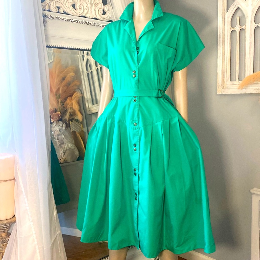 1940s jade green cotton day dress with pockets